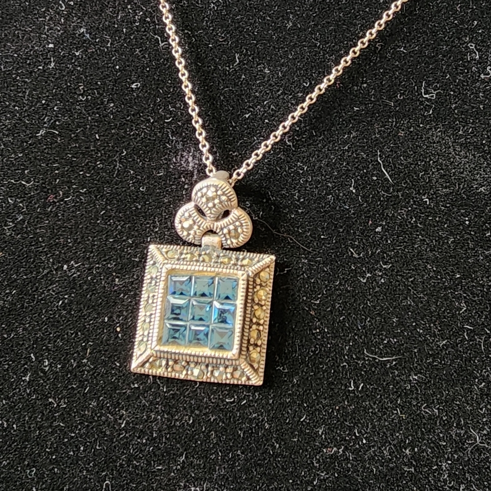 Rare Uranium Manganese Glass Blue to Purple Marcasite Sterling Necklace Italy
